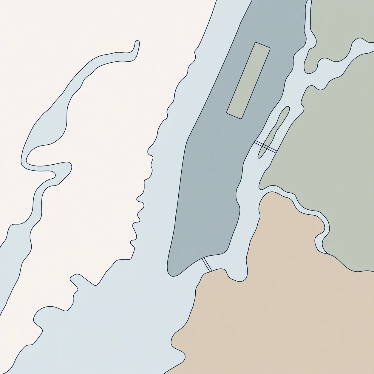 Illustriertes Manhattan zwischen Hudson River und East River, mit New Jersey im Westen und Brooklyn im Südosten.